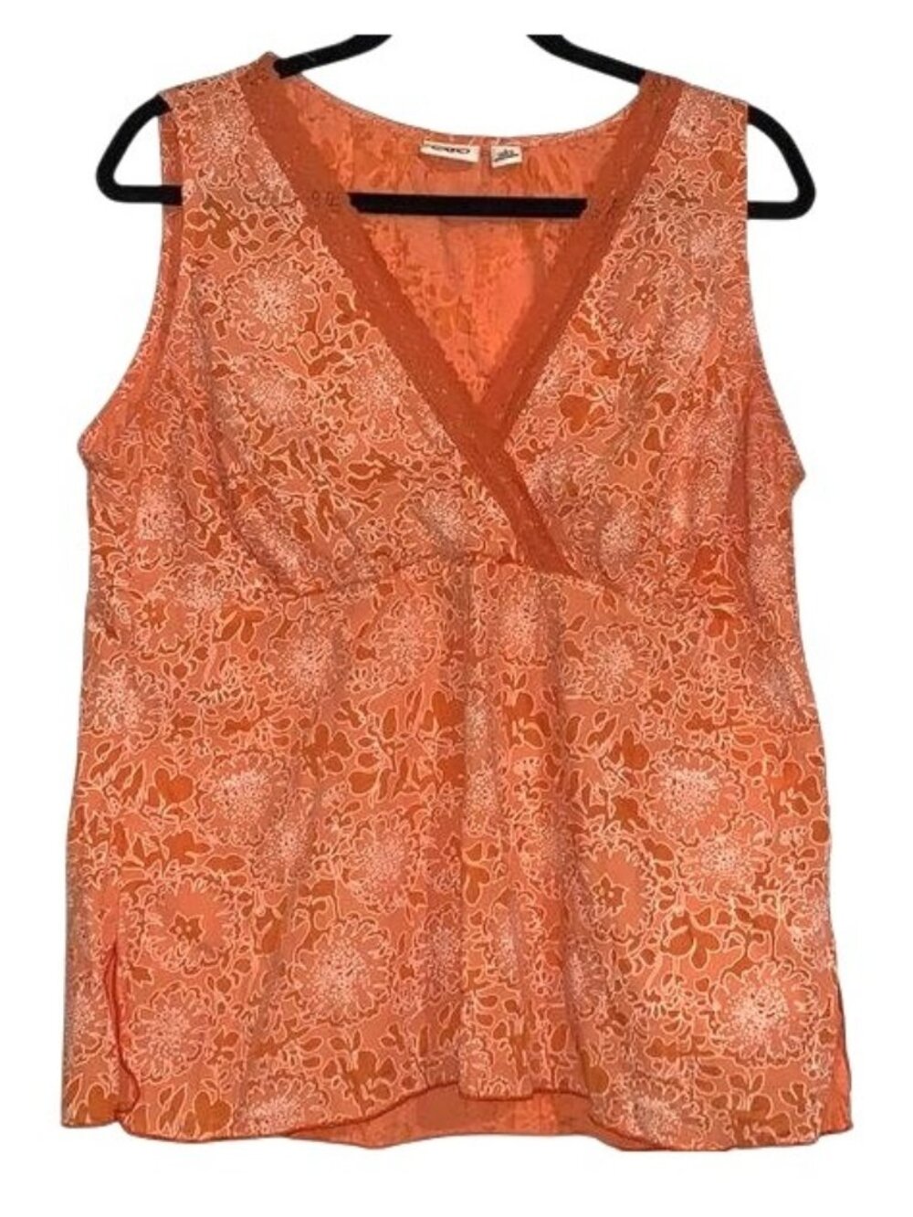 Cato Orange Floral Sleeveless Blouse With Lace Trim Womens L Polyester